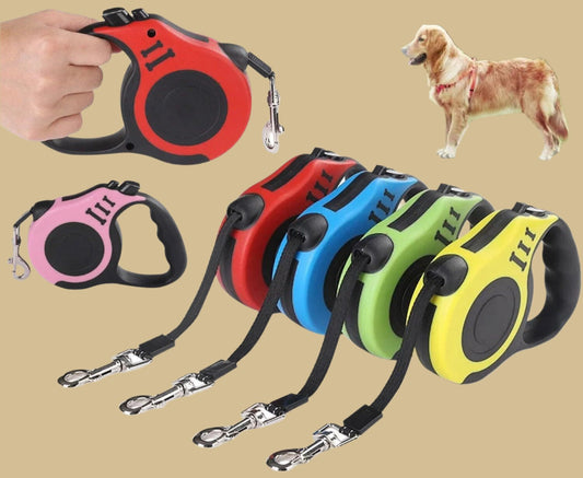 .A hand holding a red 16.5FT Automatic Retractable Dog Leash with Brake & Lock Safety System, ready for a walk.