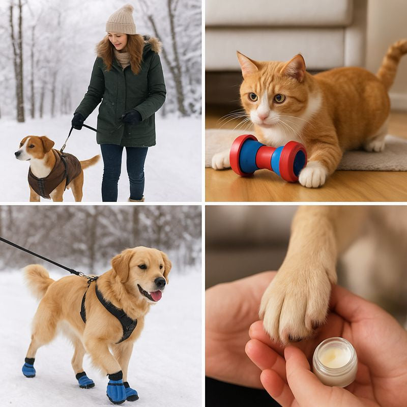 Dog playing safely in the snow during winter with proper cold weather protection