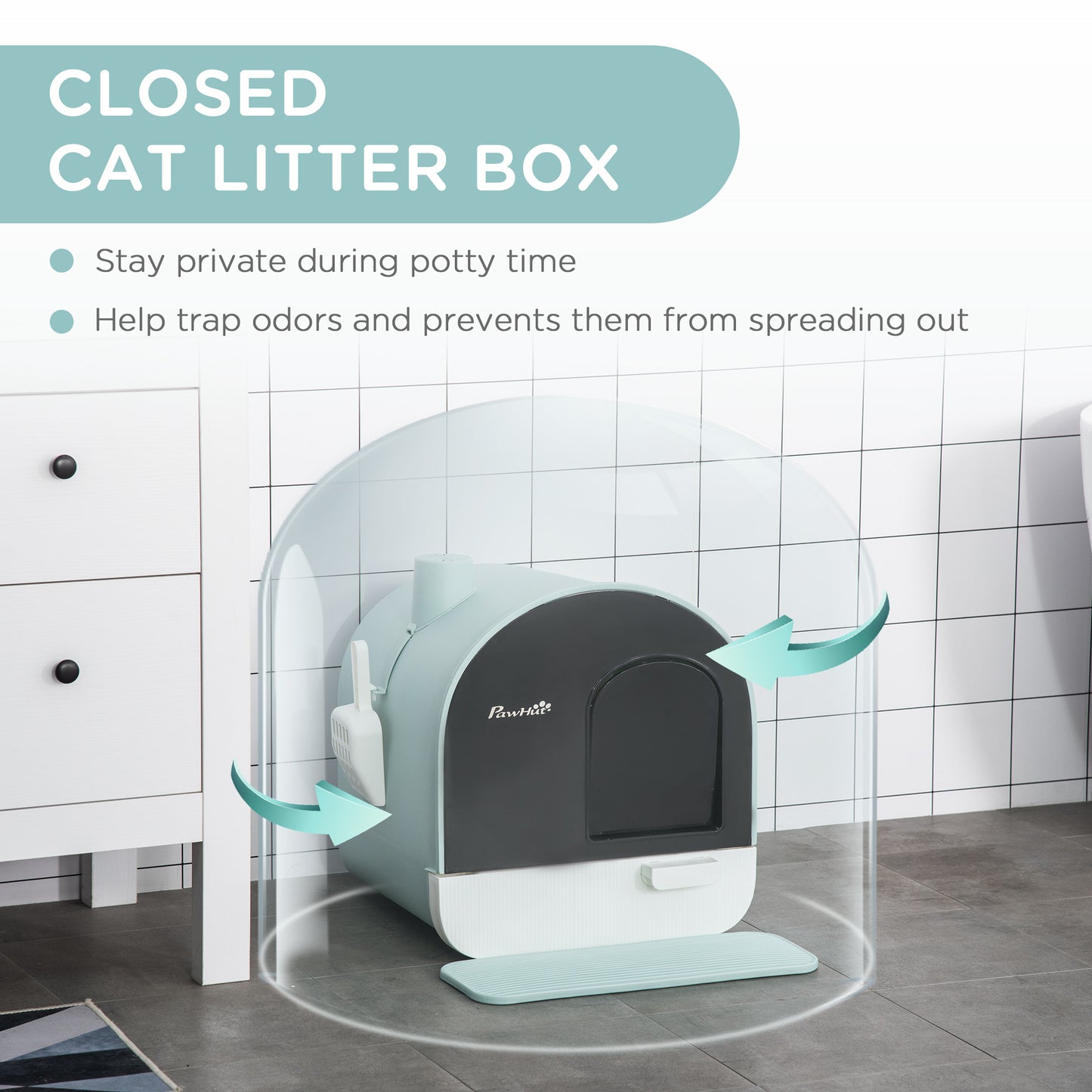 Covered Cat Litter Box with Tray, Scoop  Mat - Green
