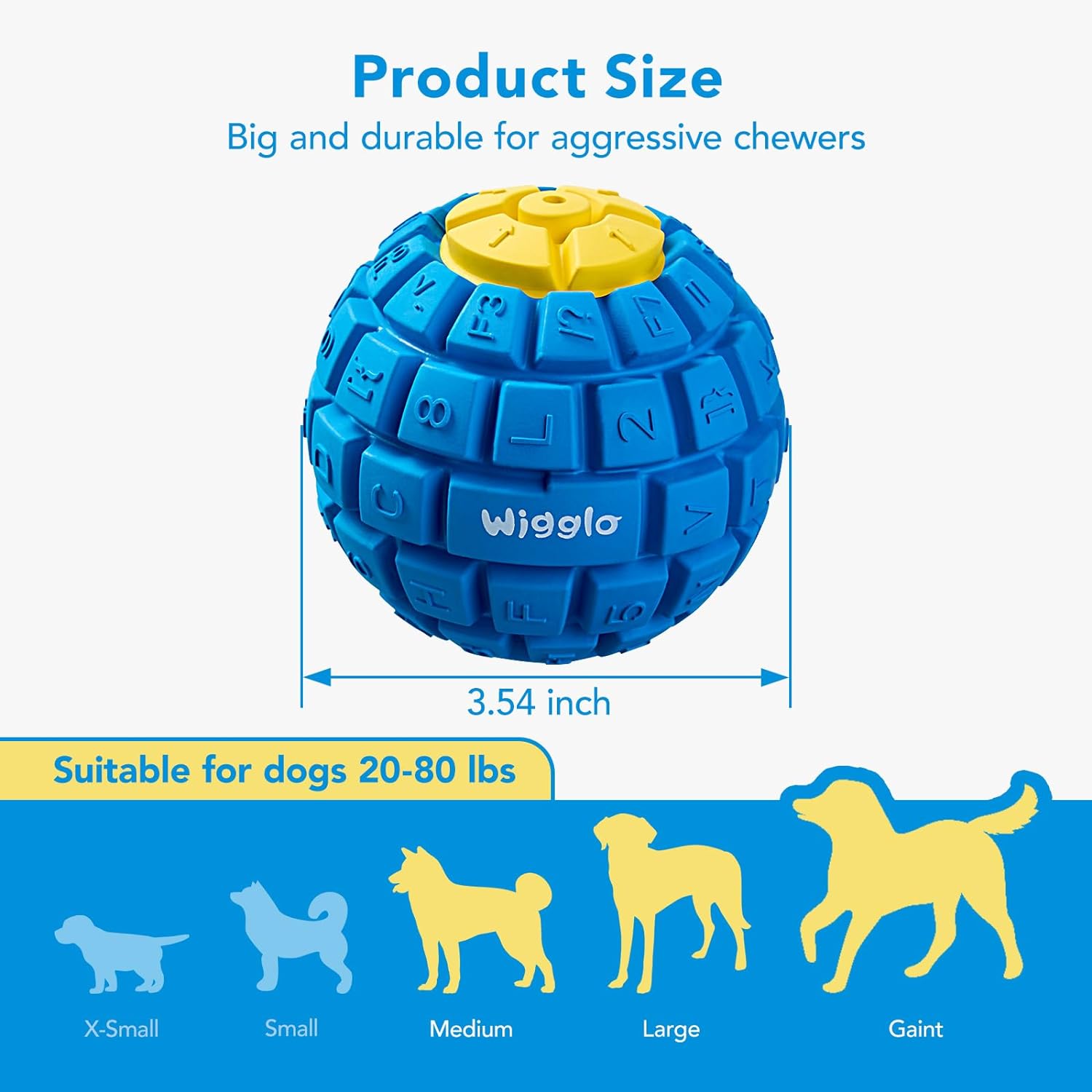 Tough Durable Ball Toy for Aggressive Chewers, Natural Rubber Chew Toy for Medium/Large Dogs, 3.5" Diameter Helps with Separation Anxiety and Boredom, Dishwasher Safe, Blue