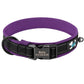 Different sizes of reflective personalized dog collars.