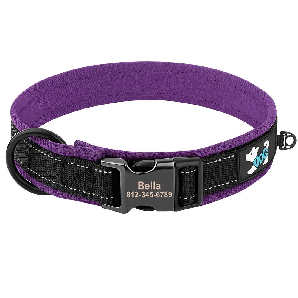 Different sizes of reflective personalized dog collars.