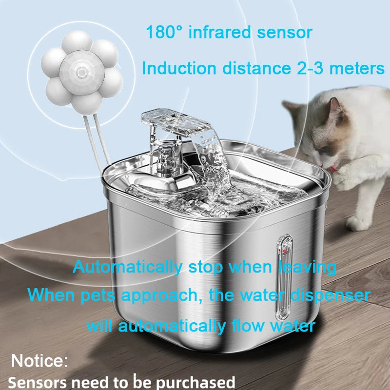 Stainless Steel Cat Fountain With Water Mark Automatic Cats Water Dispenser Sensor Filter Pet Cat Ultra Quiet Pump Water Foutain