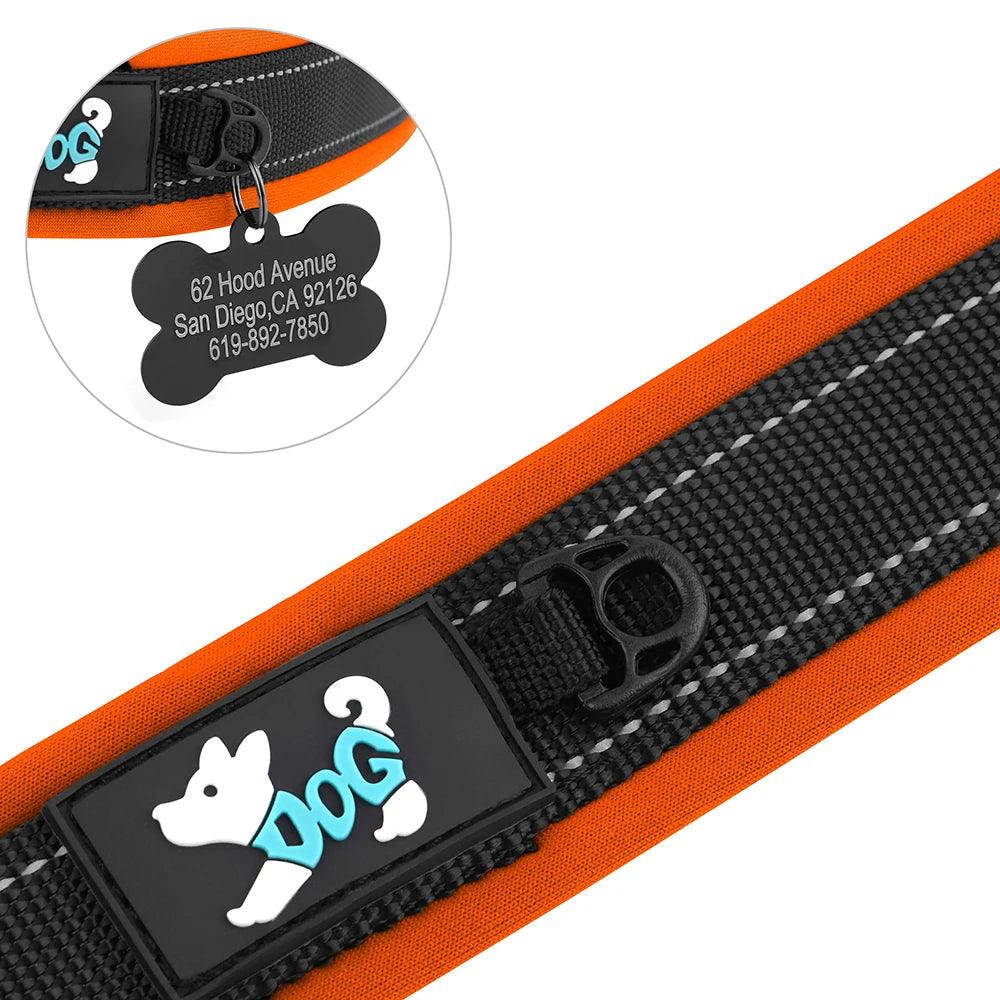 Various colors of reflective personalized dog collars displayed.