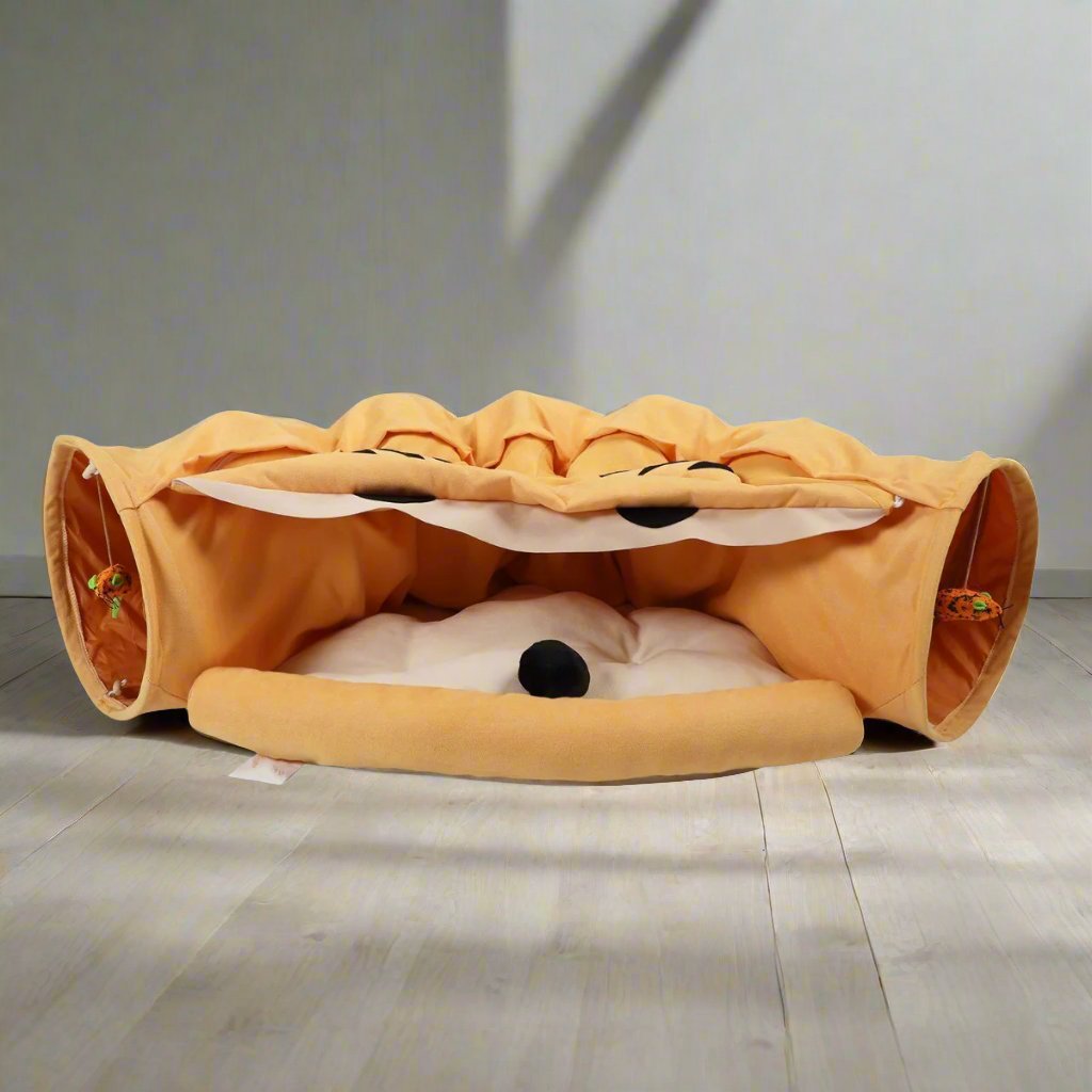 Collapsible Cat Tunnel Bed;  Hide Tunnel for Indoor Cats with Hanging Toys and Cushion Mat