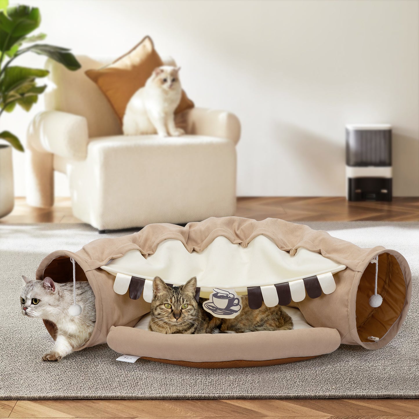 Collapsible Cat Tunnel Bed;  Hide Tunnel for Indoor Cats with Hanging Toys and Cushion Mat