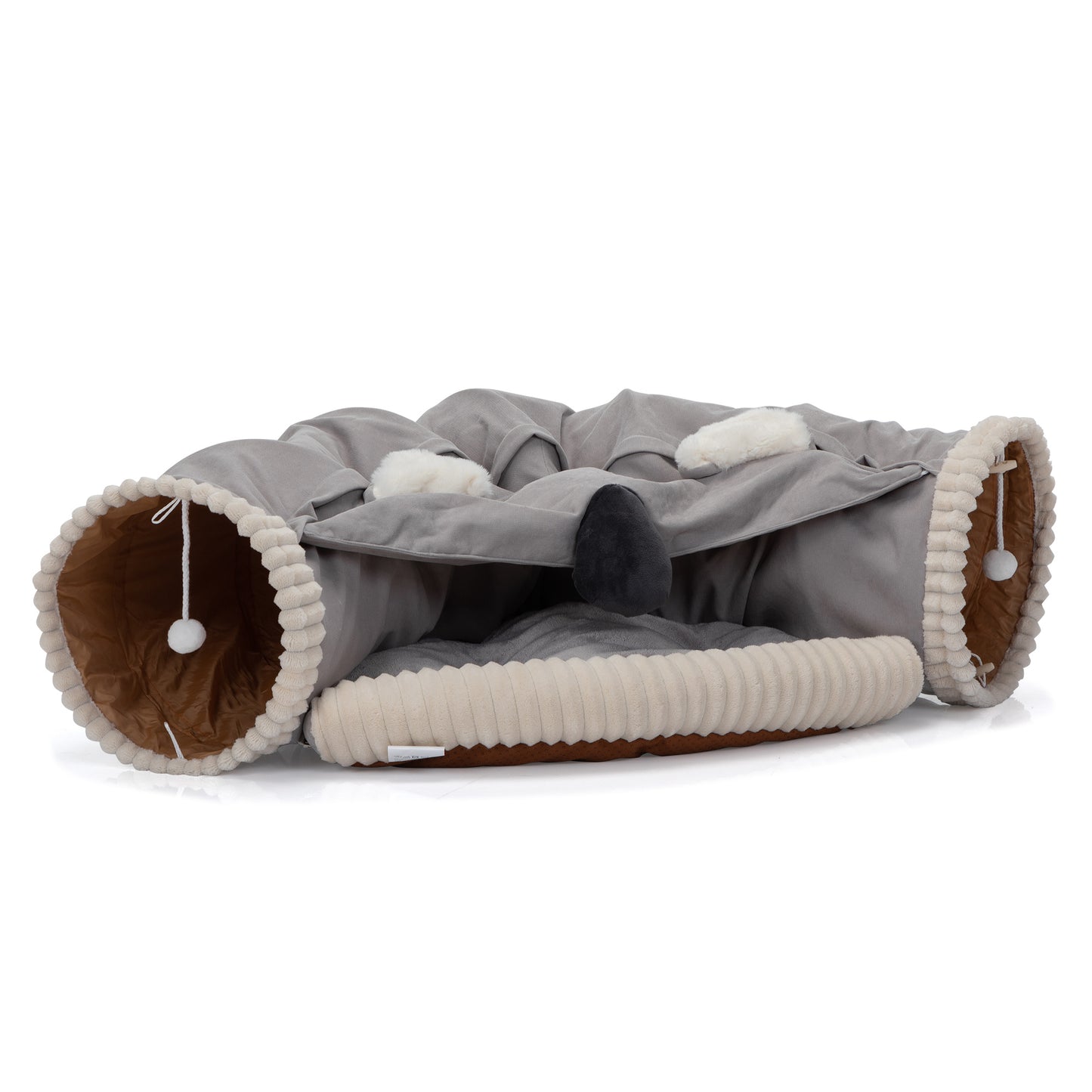 Collapsible Cat Tunnel Bed;  Hide Tunnel for Indoor Cats with Hanging Toys and Cushion Mat