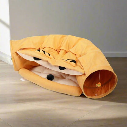 Collapsible Cat Tunnel Bed;  Hide Tunnel for Indoor Cats with Hanging Toys and Cushion Mat