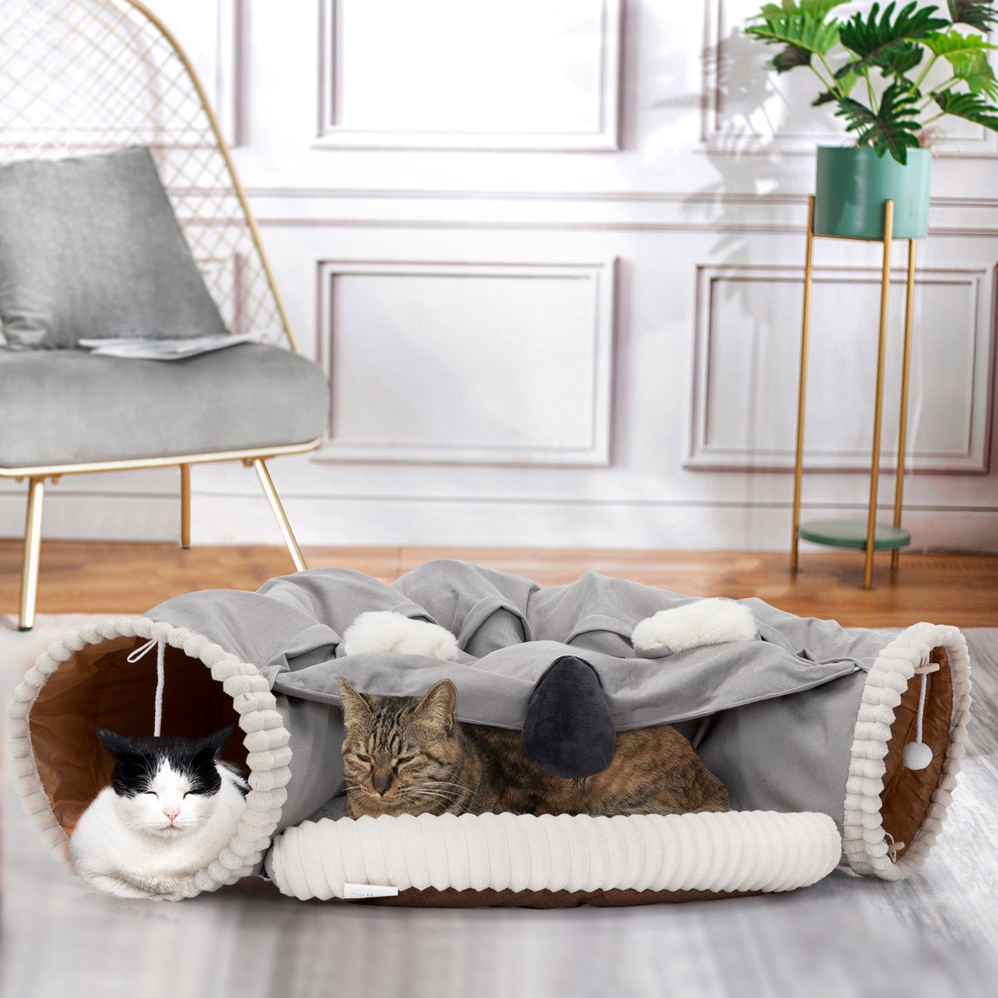 Collapsible Cat Tunnel Bed;  Hide Tunnel for Indoor Cats with Hanging Toys and Cushion Mat