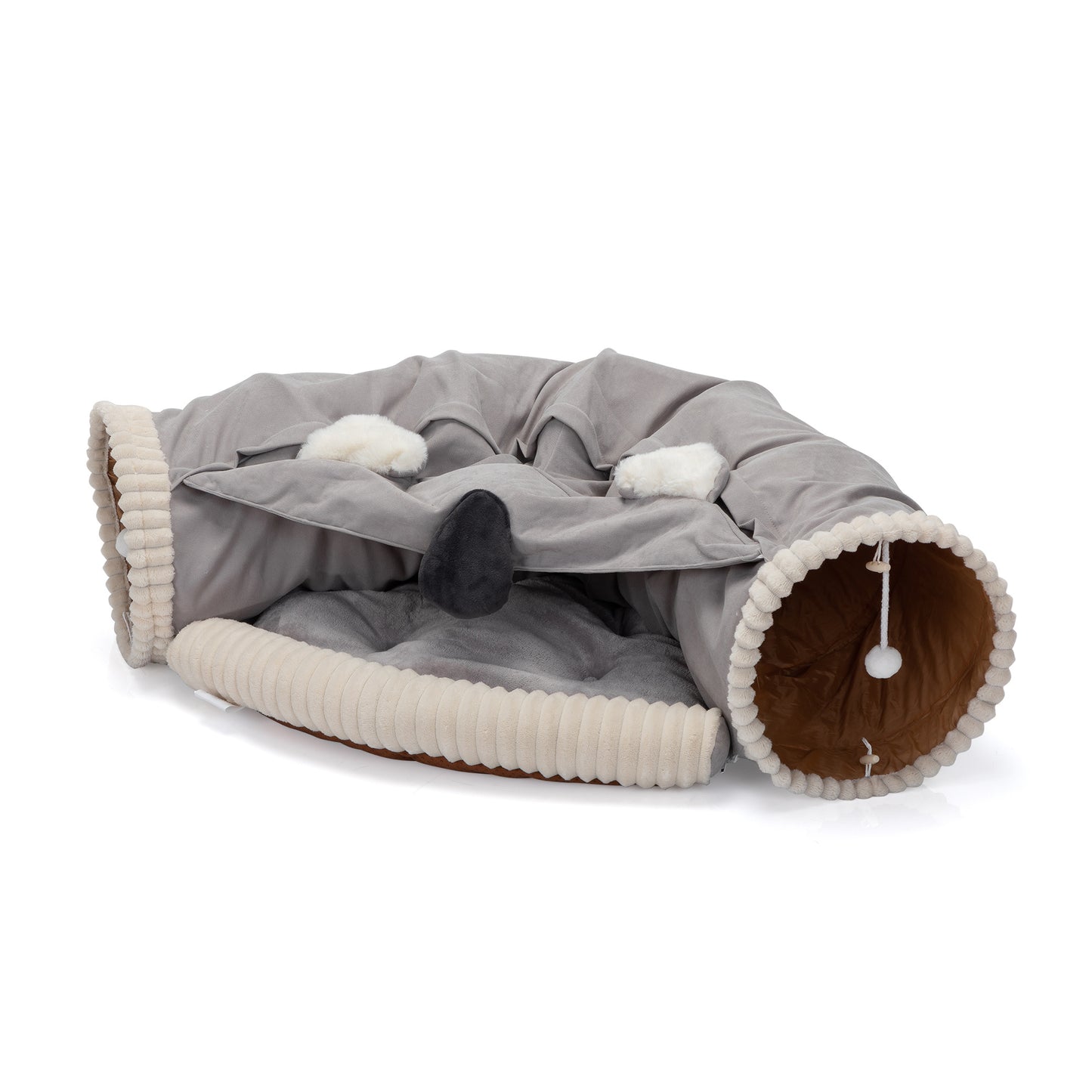 Collapsible Cat Tunnel Bed;  Hide Tunnel for Indoor Cats with Hanging Toys and Cushion Mat